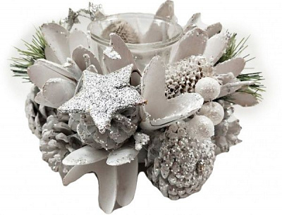 Декорація новорічна Підсвічник одинарний з хвоєю шишками і квітими 16x9 см EPI-W19410