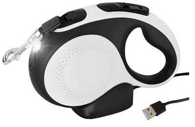 Поводок-рулетка AnimAll с LED-фонарем для собак, черно-белый