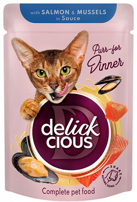 Корм вологий для котів DELICKCIOUS шматочки з лососем і мідіями в соусі 85 г