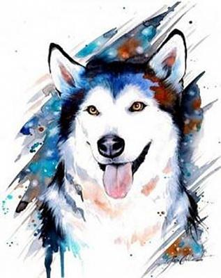 Картина стразами на підрамнику Хаскі. Акварель 40x50 см 188574 Діамантові ручки