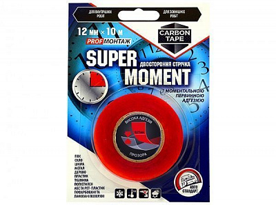 Двостороння клейка стрічка CARBON TAPE Super Moment 12 мм х 10 м прозорий