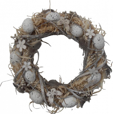 Вінок декоративний пасхальний з яйцями і квітами пінопл./гілки натур. д.25 см