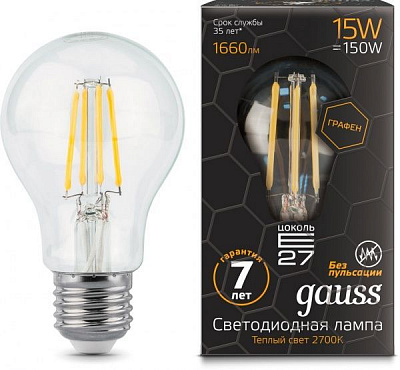 Лампа светодиодная Gauss Black FIL Graphene A60 15 Вт E27 2700 К 220 В прозрачная 