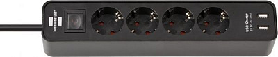 Удлинитель с выключателем Brennenstuhl Ecolor 2 USB 5V 2100 mA с заземлением 4 гн. черный 1,5 м 1153240006 