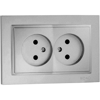 Розетка подвійна без заземлення Mono Despina без шторок без кришки сріблястий 102-212105-121