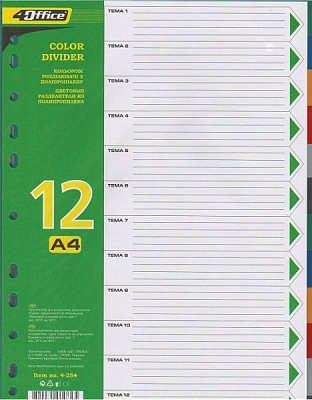 Разделитель пластиковый цветной А4 12 шт. PP 4-254 4Office