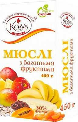 Пластівці ТМ Козуб Продукт Мюслі «З багатьма фруктами» в коробці 450 г 4820094533309