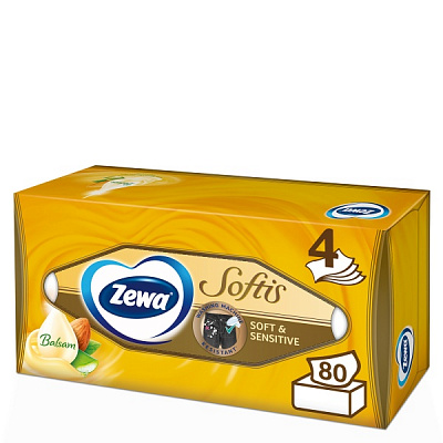 Салфетки гигиенические в коробке Zewa Softis Soft&Sensitive 4 слоя 80 шт.