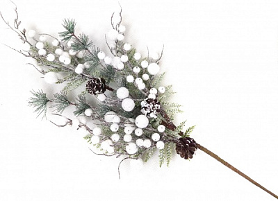 Гілочка декоративна засніжена з пучками хвої і білими ягодами 80 см RS1Z2690