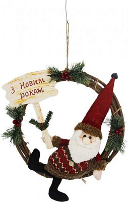 Декорація новорічна Дід Мороз на віночку на табличці 38 см EPI-NC18-890/1D