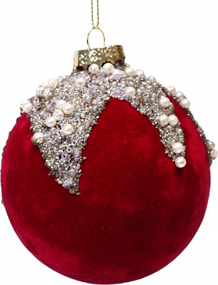 Шар новогодний флокированный в ассортименте 80 мм белый с красным