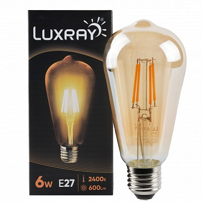 Лампа светодиодная Luxray FIL 6 Вт ST64 прозрачная E27 220 В 2400 К LXF424-ST64-2706 