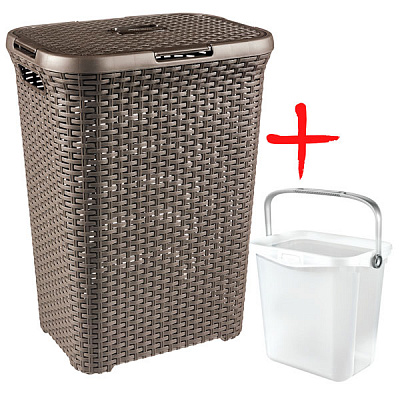 Корзина для белья Curver Rattan Style темно-коричневая 60 л + ведро для порошка 6 л 