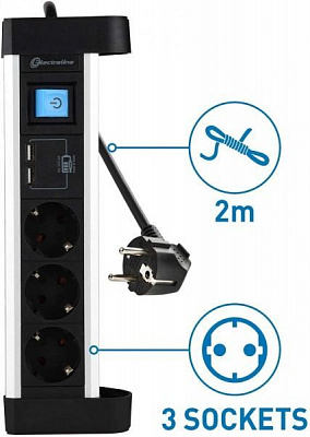 Удлинитель Electraline с заземлением черный 2 м 62553 