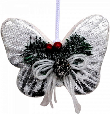 Елочная игрушка Бабочка с рябиной серебряная 13 см 