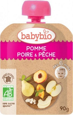 Пюре Babybio органическое из яблока, груши и персика 90гр 54011 