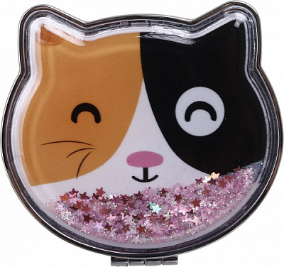 Зеркало карманное косметическое Лідер Канц Котик с сыпучими блестками фигурное 12 вариантов в ассортименте 