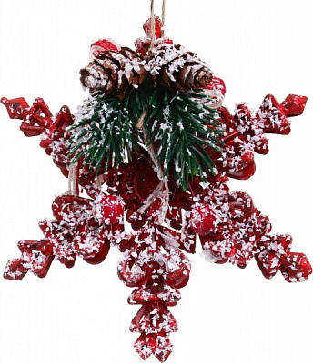 Декоративная подвеска Снежинка с декором 11 см красный NY21067