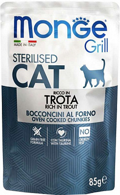 Корм для дорослих стерилізованих котів Monge Grill Sterilised з фореллю 85 г