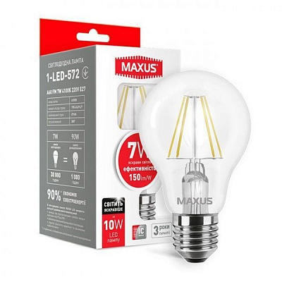 Лампа світлодіодна Maxus 1-FIL-572 A60 7 Вт E27 4100 К 220 В прозора