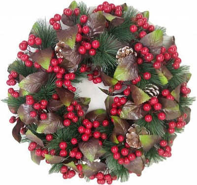 Вінок новорічний з хвоєю, листям, ягодами та шишками d400 мм RS1H903-1