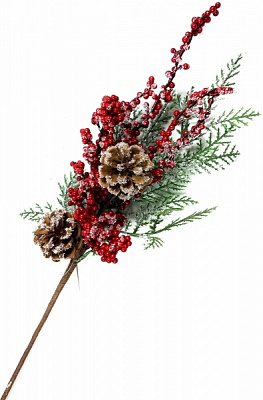 Декорация новогодняя Dalian Everglory ветвь хвойно-ягодная с шишками 36 см. EY20-036D11