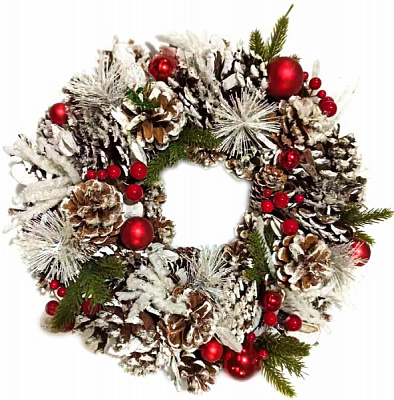 Вінок новорічний Blooming хвойний засніжений з шишками і кульками червоний d330 мм 700520185-33