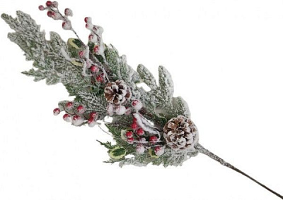 Декорация новогодняя Ветка хвойная с ягодами и шишками заснеженная 80 см RS1Z2566 
