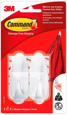 Дизайн крючок 3M Command средний 1 кг 2 крючка 4 полоски
