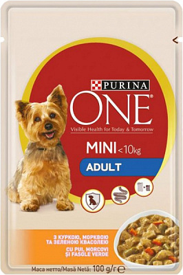 Консерва Purina One Mini Adult c курицей, морковью и зеленой фасолью в подливе 100 г